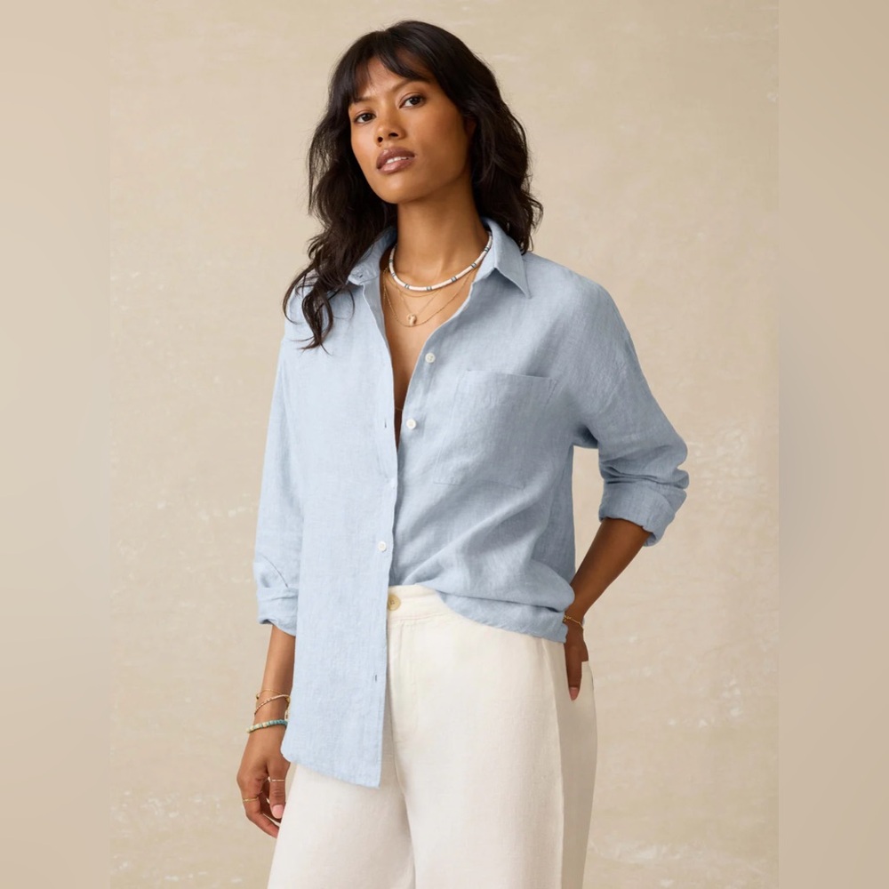 WHITE COMPANY 100% Linen Sky Blue Button Down Shirt Top Blouse